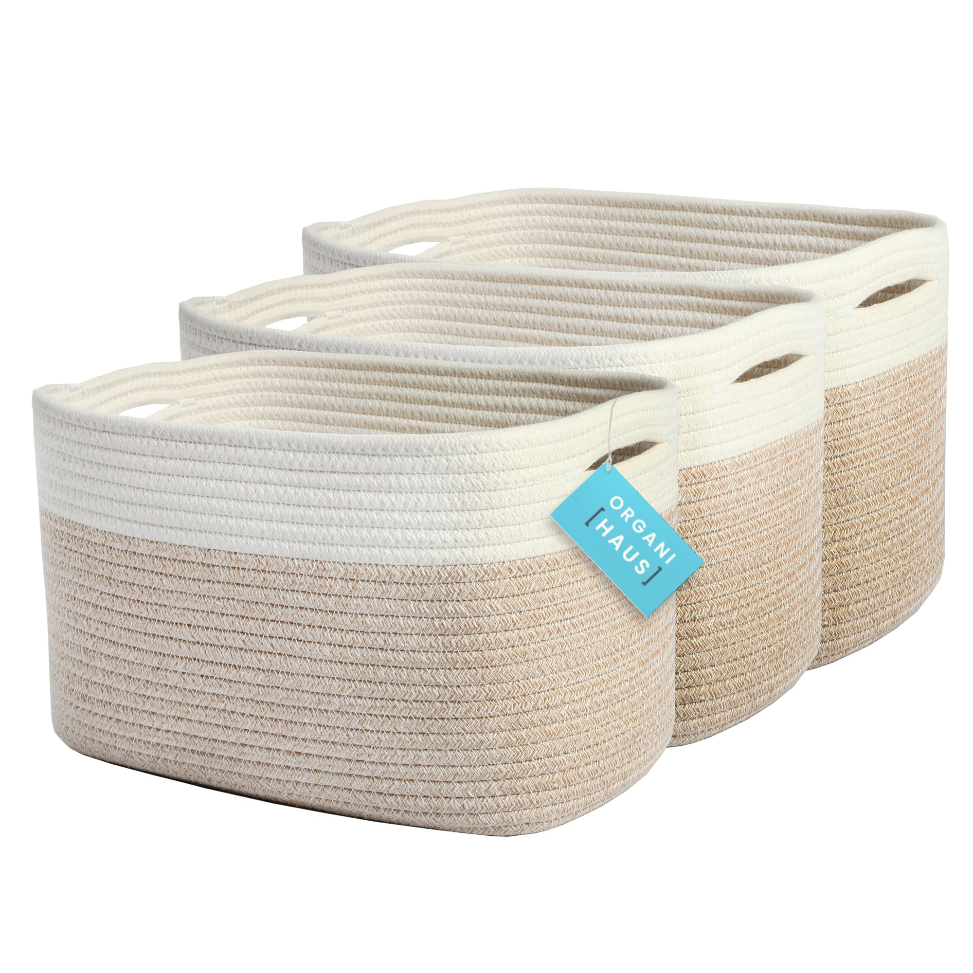Organihaus Set Of 3 Woven Baskets For Storage | Cotton Rope Basket For Decor | Shoe Basket Organizer & Storage | Decorative Storage Baskets & Bins | Cute Storage Basket For Toys & Cloths - Light Honey